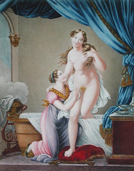 Kvinne som kommer ut av badet, assistert av sin hushjelp, ca. 1820 (fargegravering) av Blaizot (after)