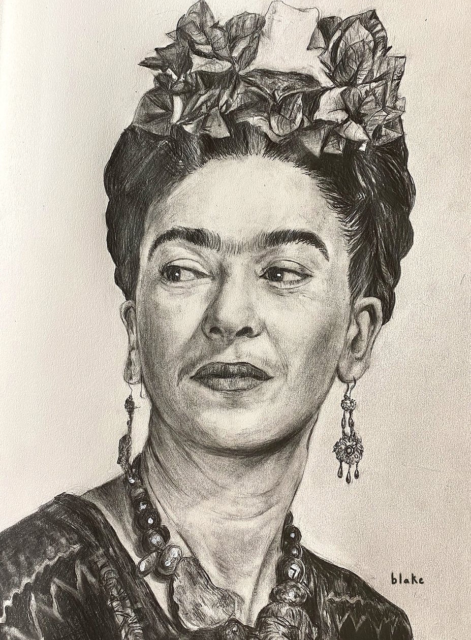 Frida Kahlo, ca. 2021 (blyant på papir) av Blake Munch