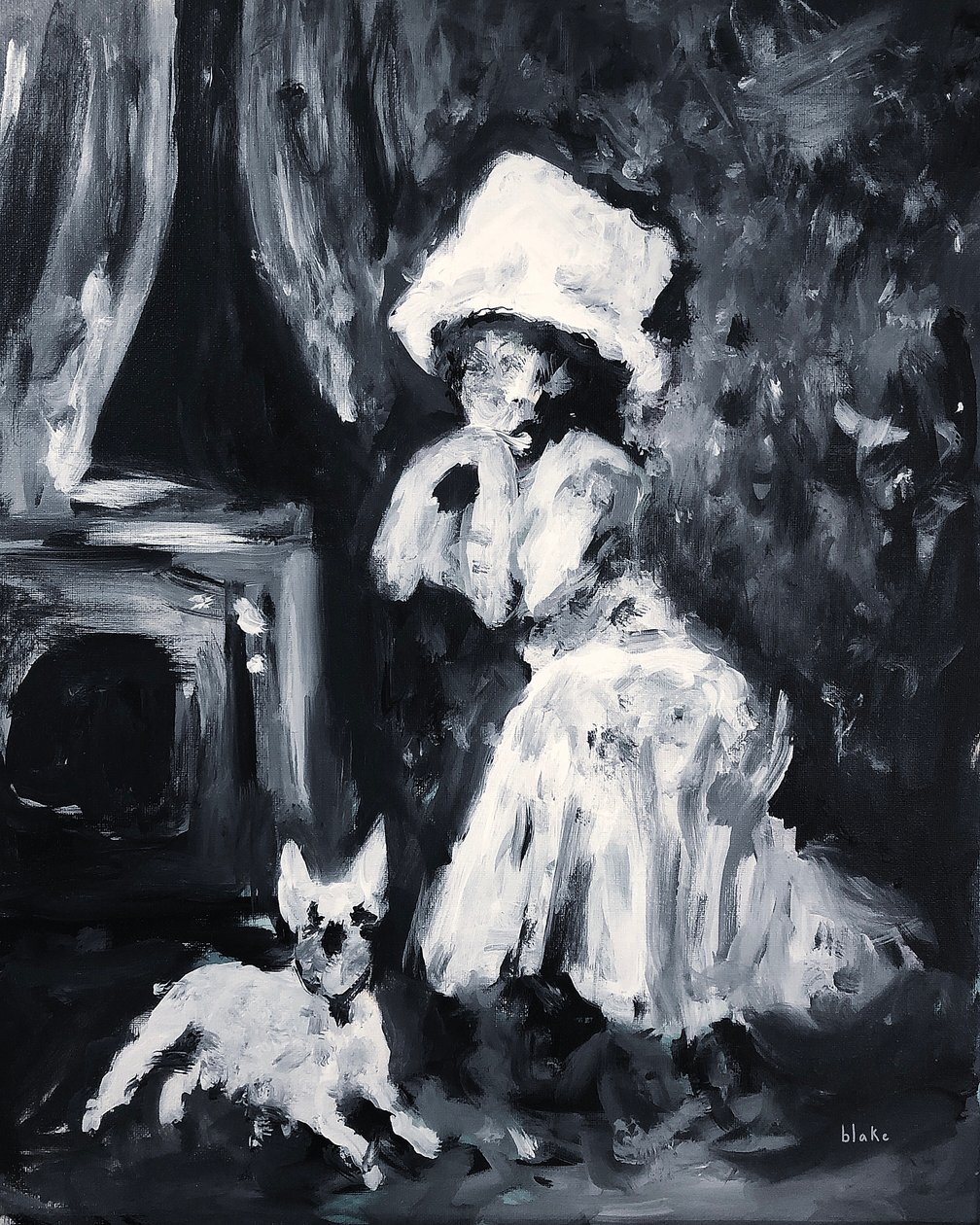 Lady And Dog Posing, ca. 2019 (akryl på lerret) av Blake Munch