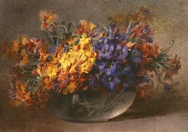 Vårblomster i en glassbolle (akvarell) av Blanche Odin
