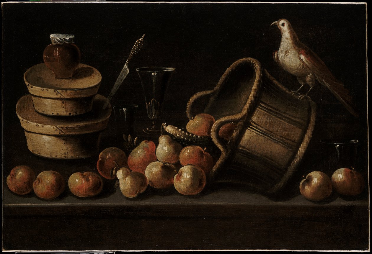 Stilleben med frukt og en fugl av Blas de Ledesma