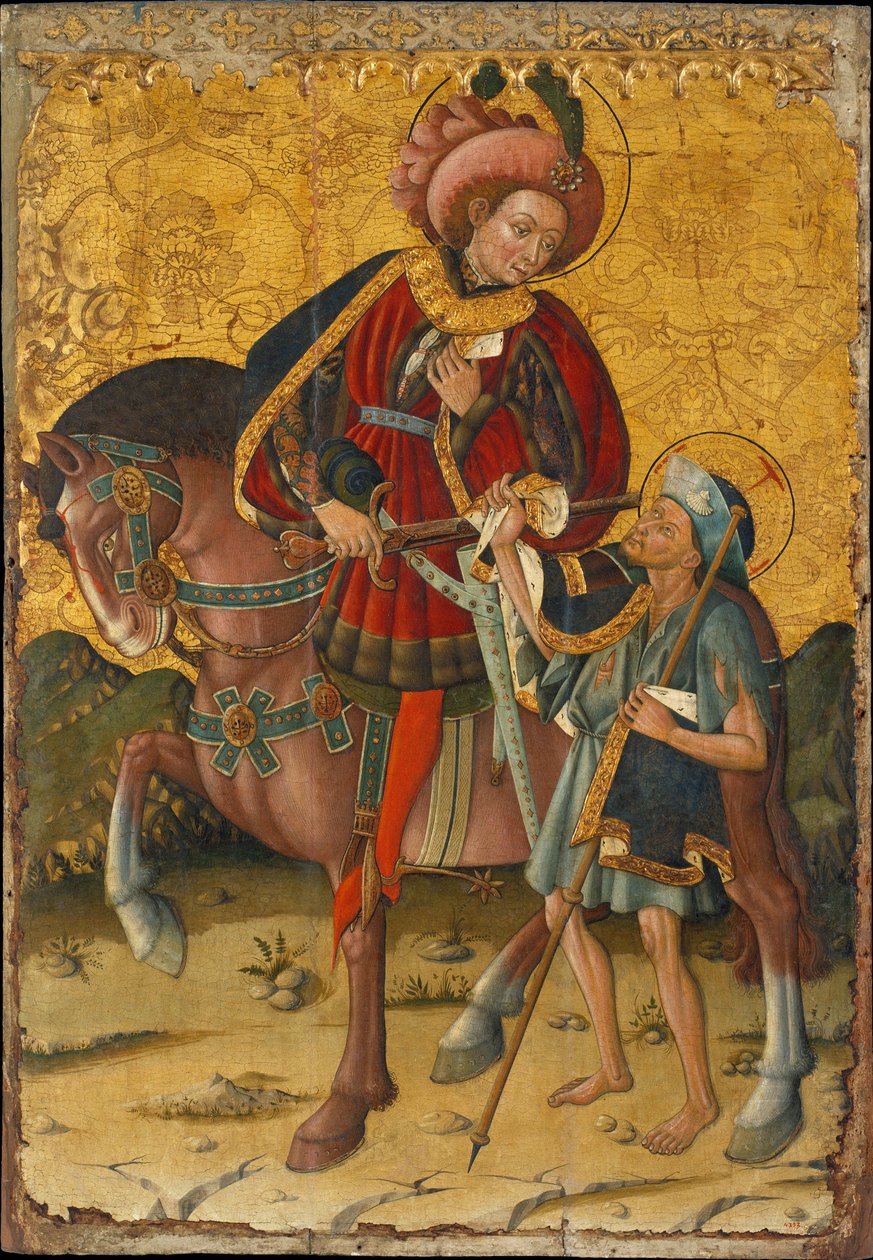 Saint Martin of Tours (eller The Misericordious) (316-397), klipper av frakken for å dele den med en fattig mann - Maleri av Blasco de Granen (?-1459), tempera på tre (153,5x106 cm), ca. 1440 - Saint Martin deler kappen sin, Tempera på panel av Blasco de av Blasco de Granen