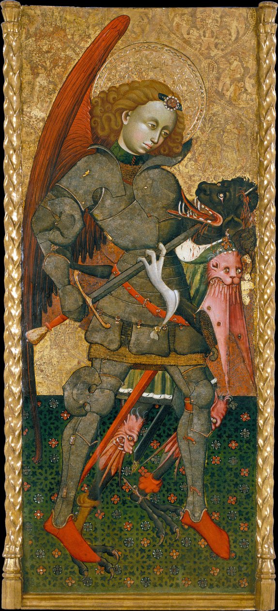 Erkeengelen Mikael som dreper djevelen - Maleri av Blasco de Granen (?-1459), tempera på panel (183,7x82 cm), ca. 1440 - Erkeengelen Mikael, Tempera på panel av Blasco de Granen, c1440 - Museu Nacional d 