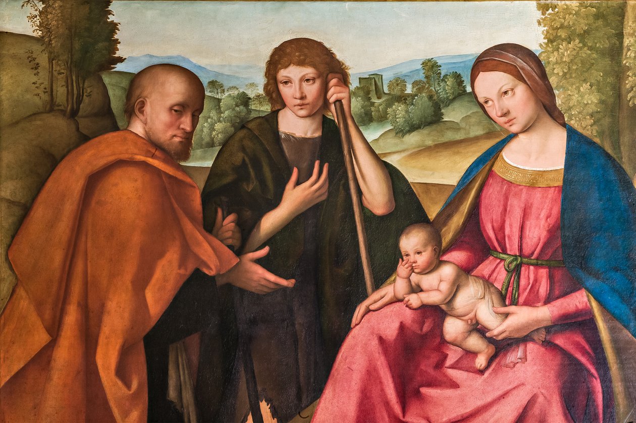 Tilbedelse av hyrdene Madonna med spedbarnet Jesus og to hyrder, detalj av 2384594 av Boccaccio Boccaccino