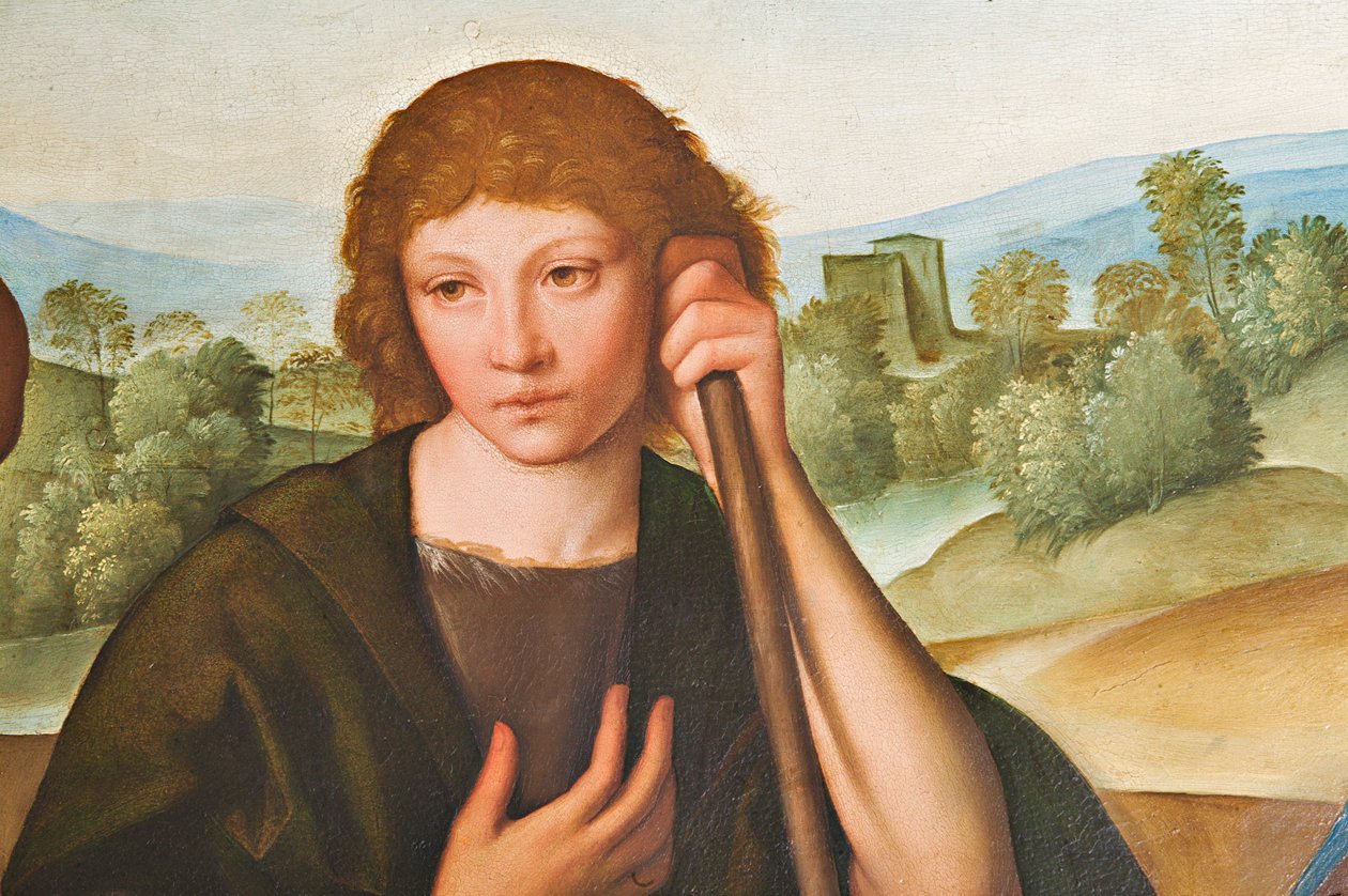Tilbedelse av hyrdene Madonna med spedbarnet Jesus og to hyrder, detalj av 2384594 av Boccaccio Boccaccino