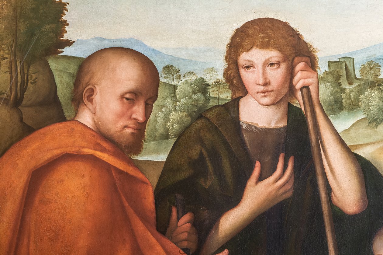 Tilbedelse av hyrdene Madonna med spedbarnet Jesus og to hyrder, detalj av 2384594 av Boccaccio Boccaccino