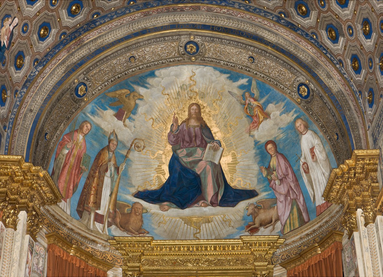 Apse, Catino Apse, Boccaccio Boccaccino, Pantokrator blant de hellige Marcellino, Imerio, Omobono, Peter Exorcist av Boccaccio Boccaccino
