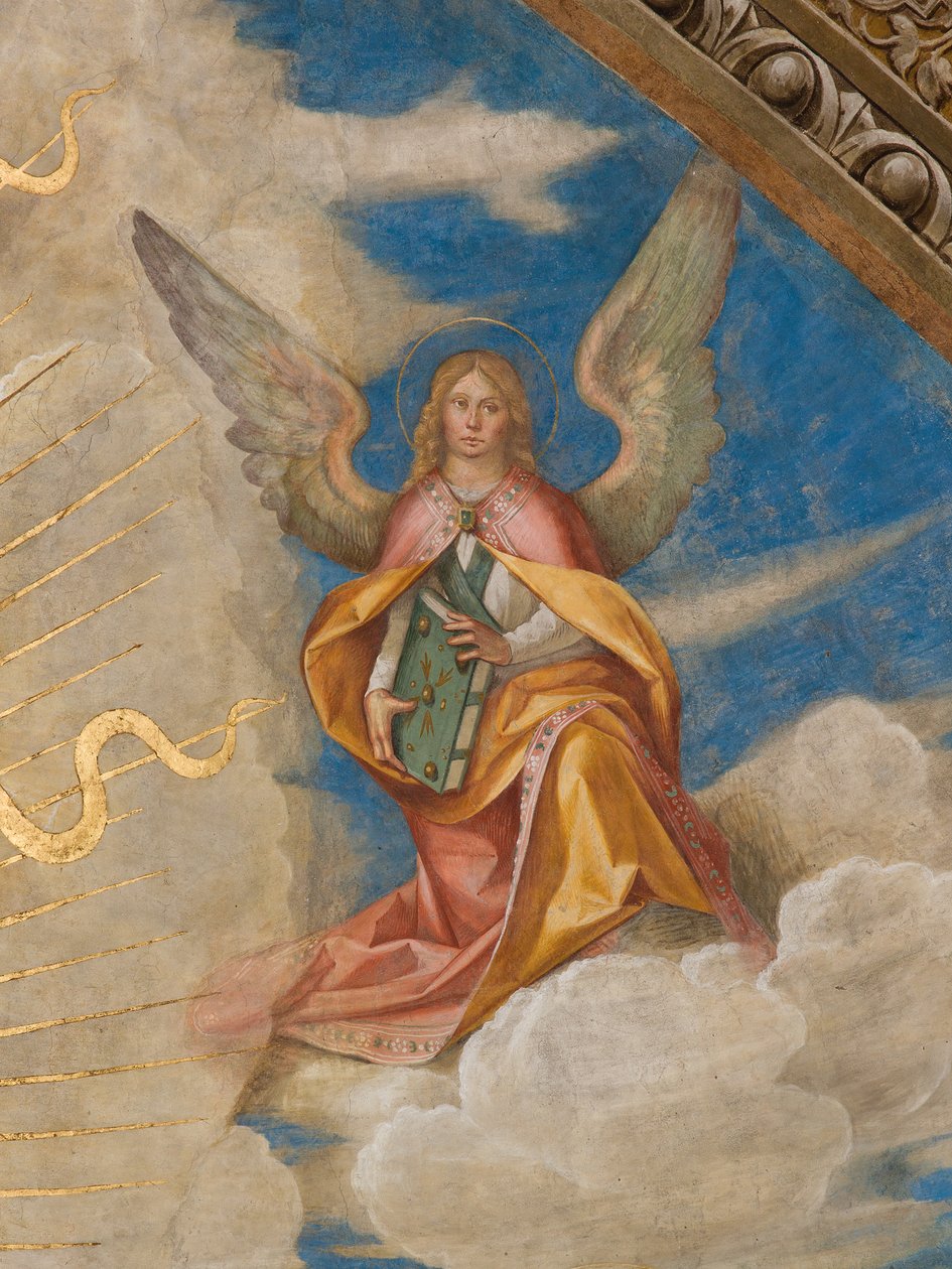 Apse, Catino Apse, Boccaccio Boccaccino, Pantocrator among Saints Marcellino, Imerio, Omobono, Peter Exorcist, Detail Angel right av Boccaccio Boccaccino