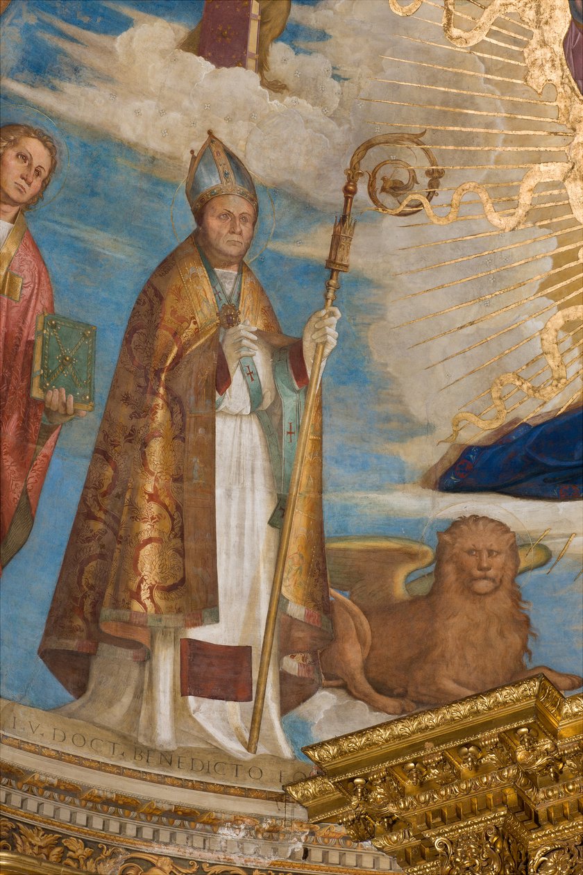 Apse, Catino Apse, Boccaccio Boccaccino, Pantokrator blant de hellige Marcellino, Imerio, Omobono, Peter Exorcist, Detalj av St. Imerio av Boccaccio Boccaccino