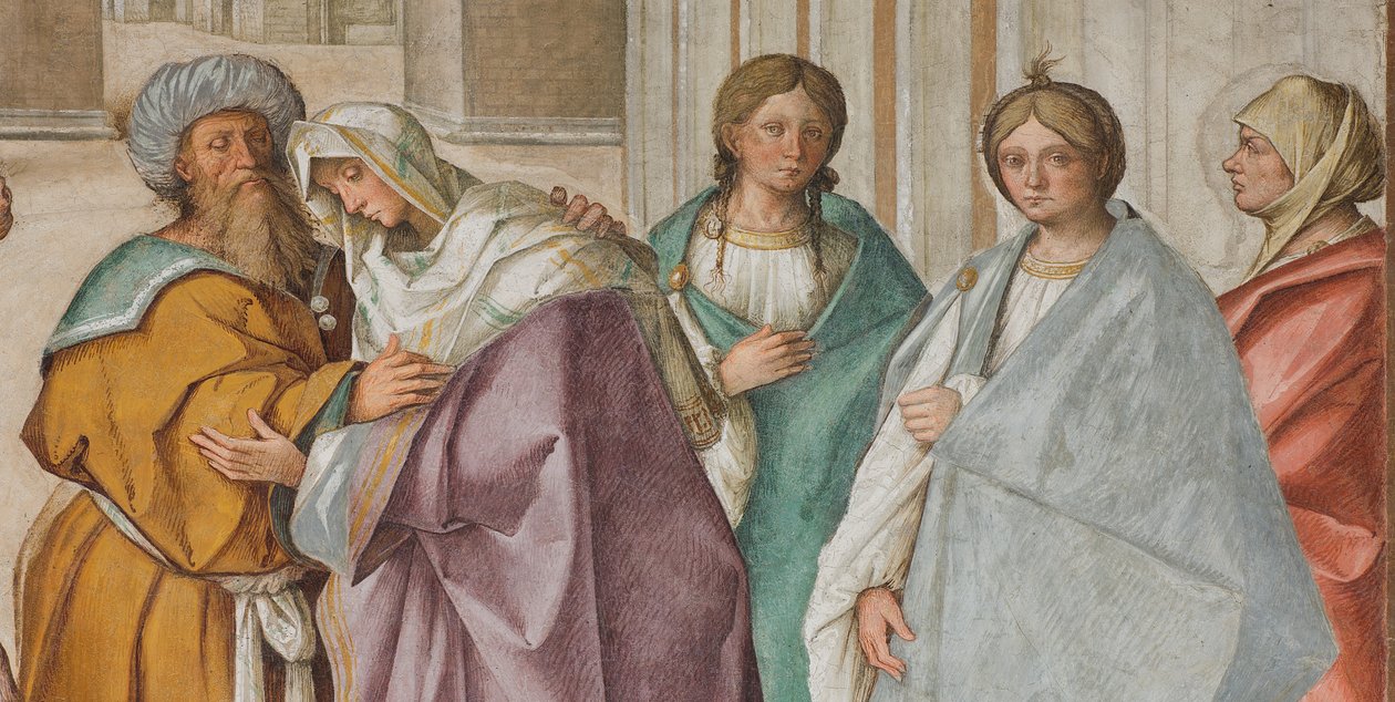 Central Nave, First North Span, Møte mellom St. Joachim og Sant'Anna ved Porta Aurea, Boccaccio Boccaccino 1514-15, detalj av Boccaccio Boccaccino
