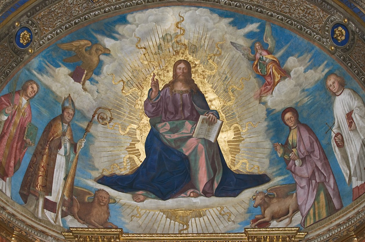 Forløseren i herlighet blant St Himerius, St Marcellinus, St Omobono og St Peter, og symbolene til evangelistene av Boccaccio Boccaccino