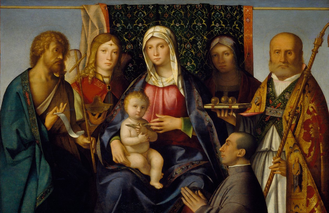 Jomfru og barn med hellige og en giver, 1505-1515 av Boccaccio Boccaccino