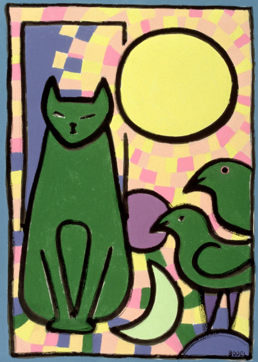 Sun Cat, 2000 (olje, pastell og indisk blekk på papir) av Bodel Rikys