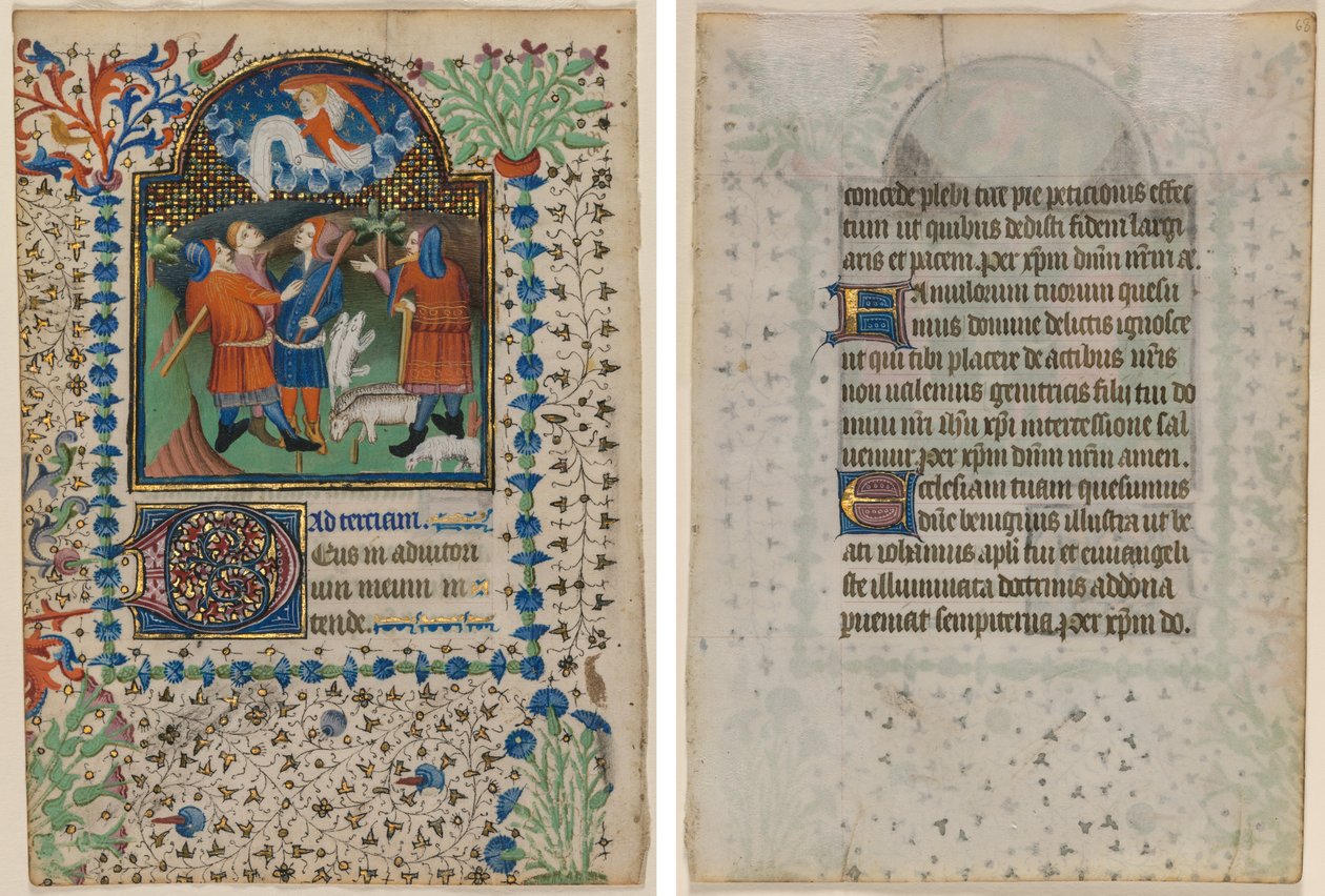 Blad fra en timebok: Bebudelse til hyrdene (recto) og tekst (verso) av Boethius Illuminator