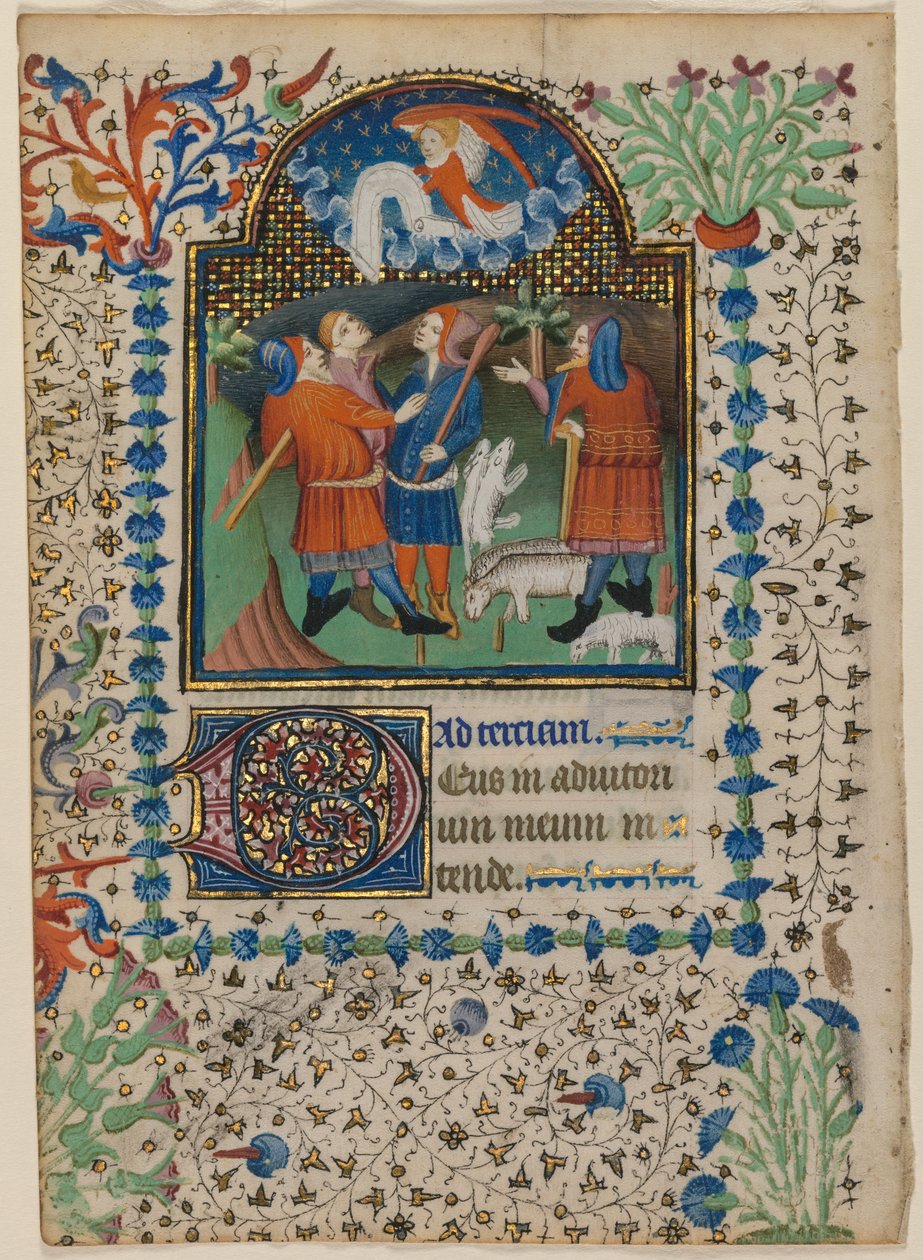 Leaf from a Book of Hours: Annunciation to the Shepherds recto and Text verso, ca. 1410-20. av Boethius Illuminator