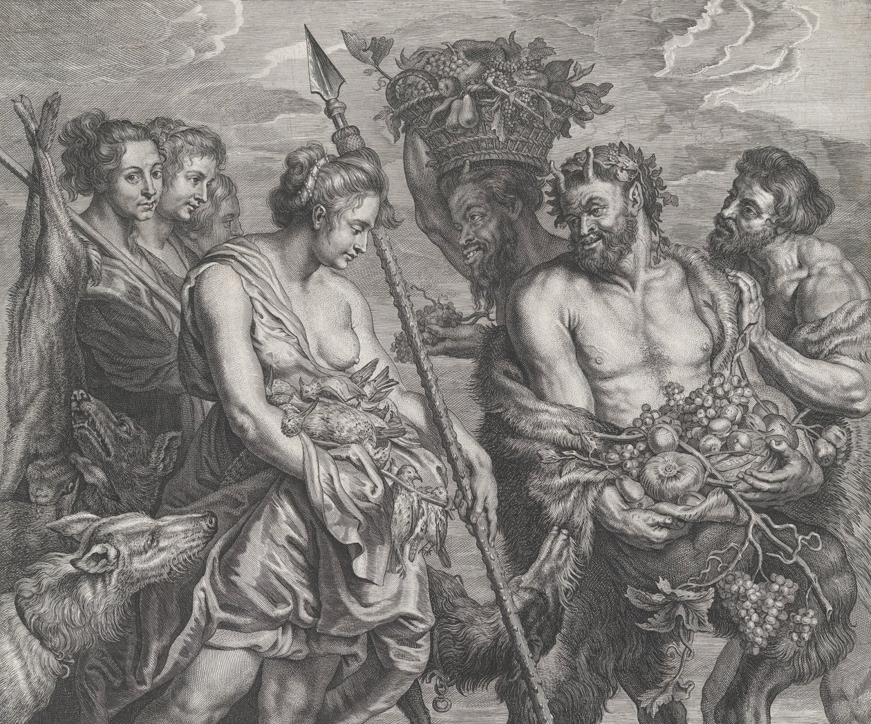 Diana kom tilbake fra jakten, akkompagnert av hunder og nymfene hennes til venstre, to satt..., ca. 1640-59. av Boetius Adams Bolswert