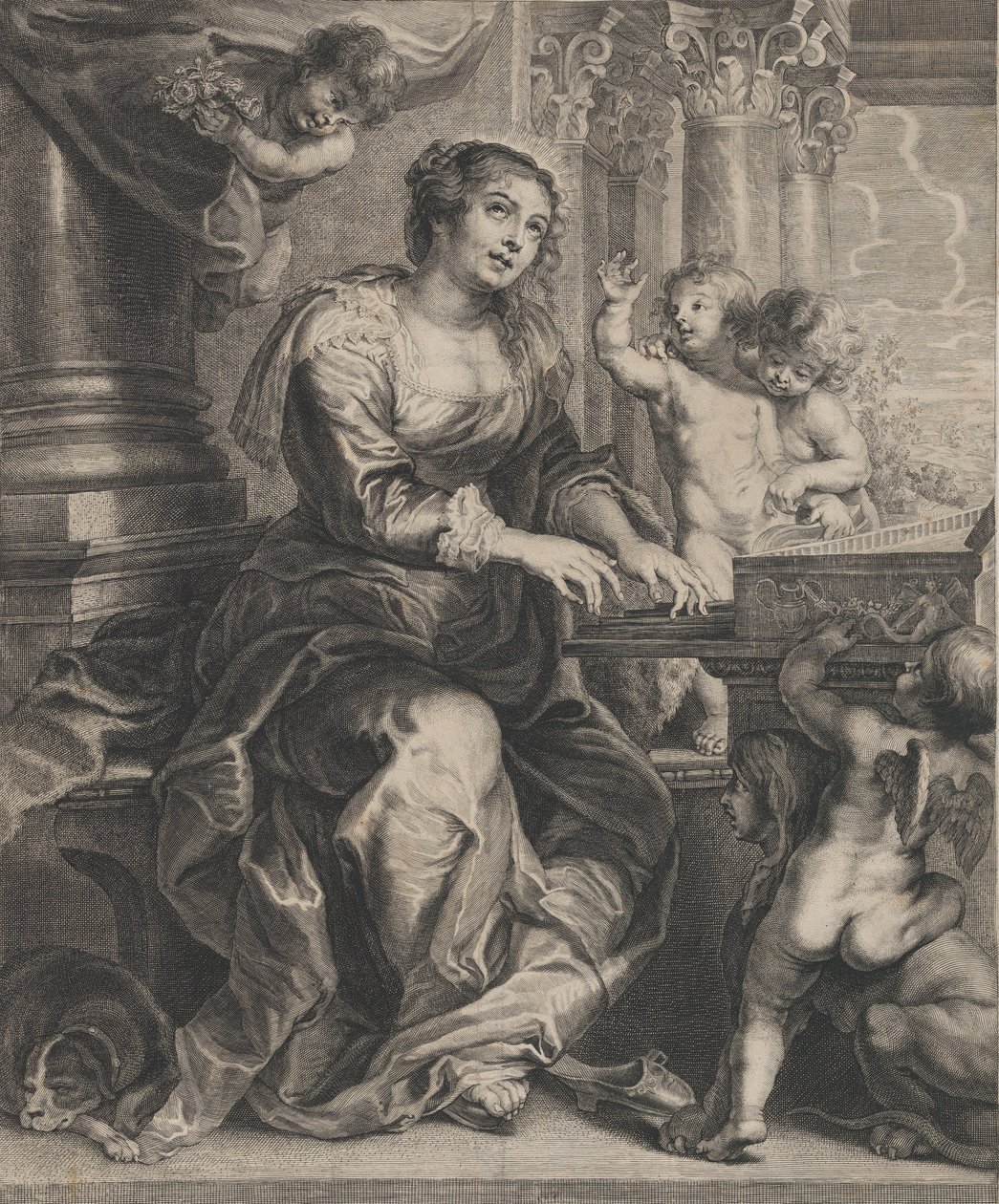 Saint Cecilia spiller orgel omgitt av putti, ca. 1640-59. av Boetius Adams Bolswert