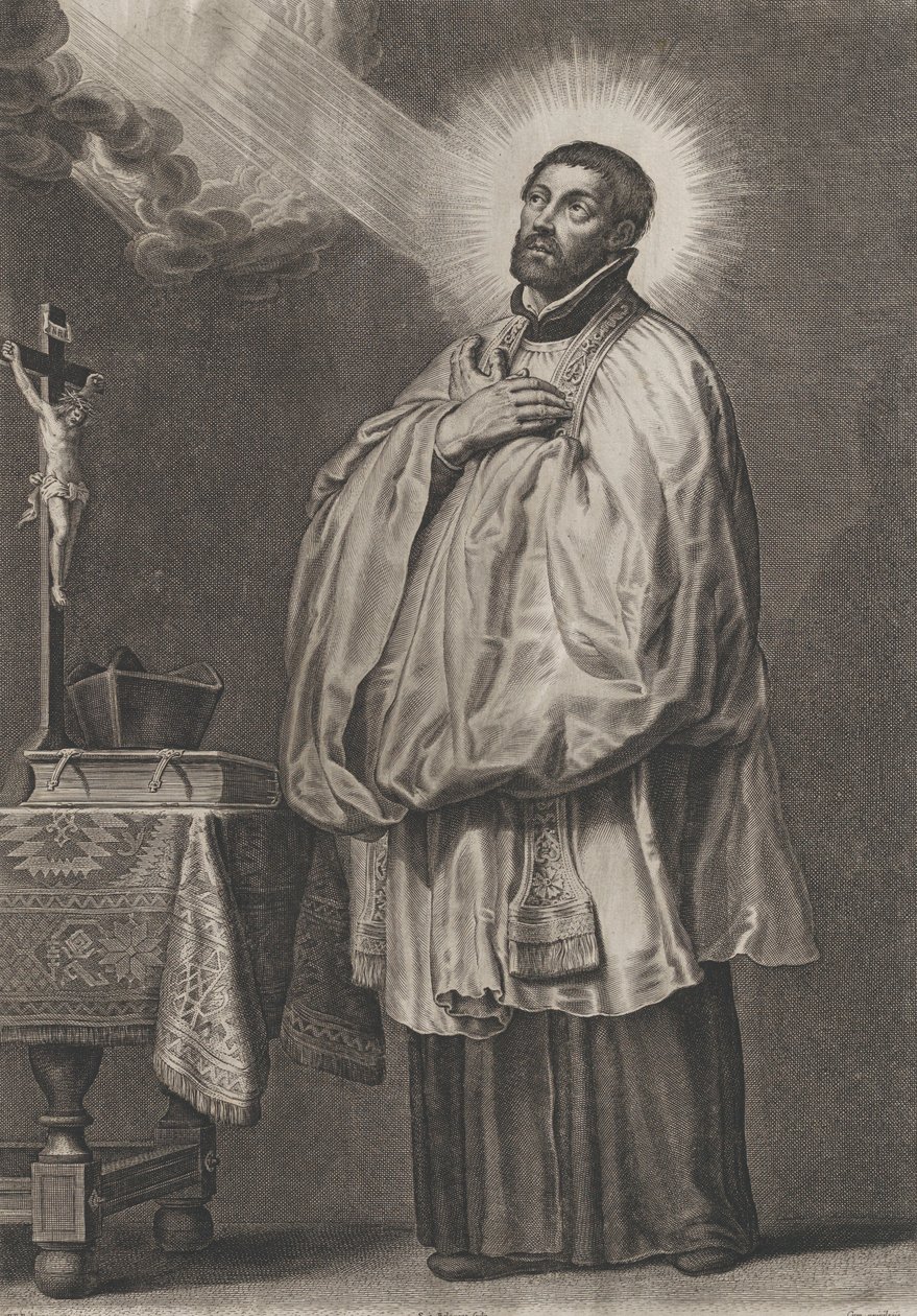 Saint Francis Xavier med et guddommelig lys som strømmer ut mot ham fra øvre venstre side,..., ca. 1623-33. av Boetius Adams Bolswert