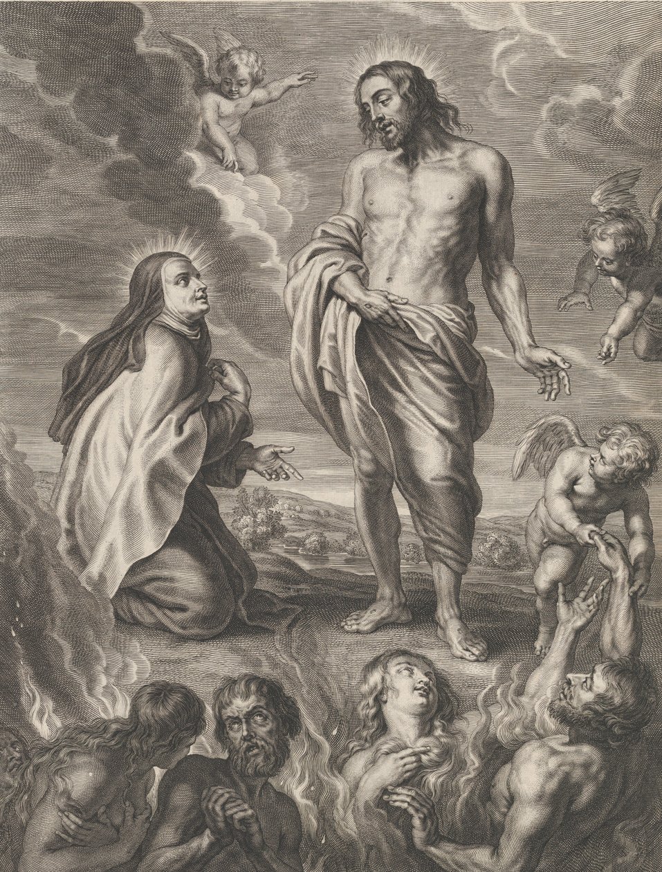 Den hellige Teresa av Avila går i forbønn for Bernardino de Mendoza, ca. 1640-59. av Boetius Adams Bolswert