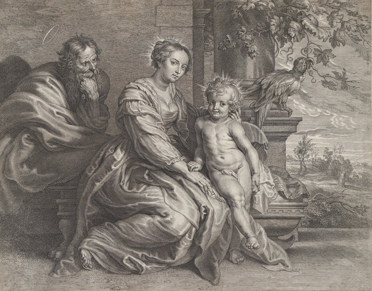 Den hellige familie med en papegøye, ca. 1625-59. av Boetius Adams Bolswert