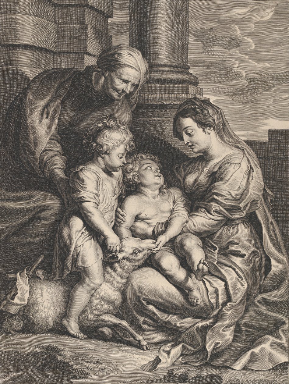 Jomfru- og Kristusbarnet med Saint Anne og Saint John the Baptist, ca. 1640-59.. av Boetius Adams Bolswert