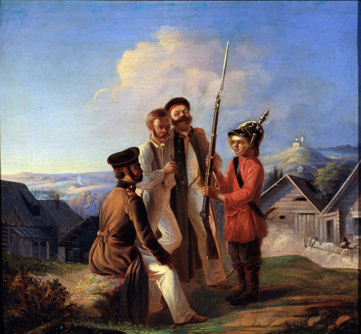 Militært oppgjør. Soldater gjør narr av en ung gutt som de ga en hjelm og en pistol. Maleri av Bogdan Bogdanovich Greim (ca. 1827-1885), olje på lerret. Russisk kunst fra 1800-tallet. Statens kunstmuseum for republikken Kar av Bogdan Bogdanovic Greim