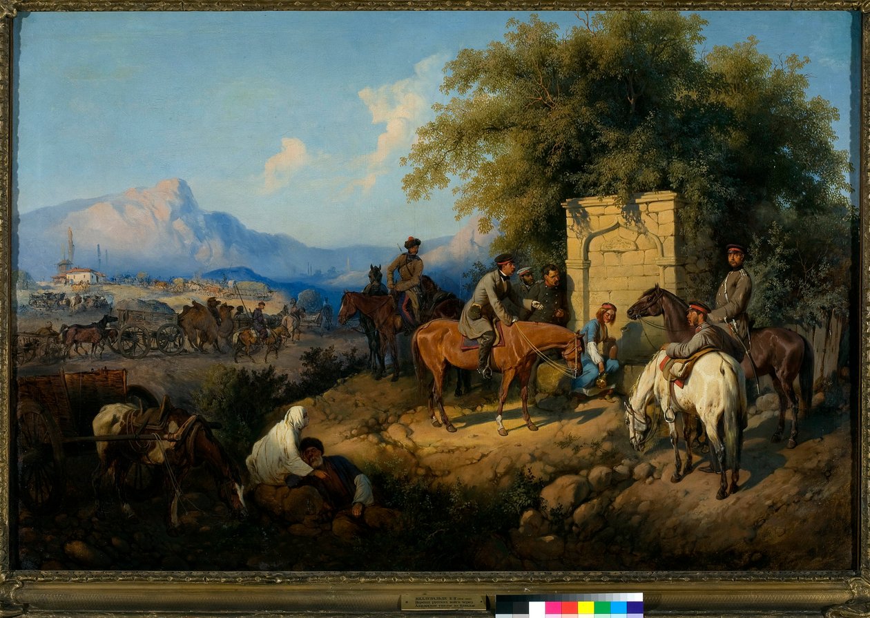 Russiske tropper krysser Kaukasusfjellene i Adjara (Georgia) (Russiske styrker krysser Kaukasusfjellene i Adjara) (Kaukasusstammenes opprør mellom 1830 og 1860) - Maleri av Gottfried (Bogdan Pavlovich) Willewalde (1818-1903), olje av Bogdan Willewalde