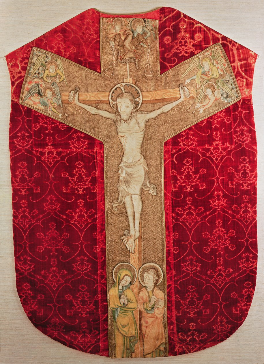 Brodert orfhrey på bohemsk chasubel som skildrer korsfestelsen med jomfru og engler, sent på 1300-tallet (tekstil) av Bohemian School