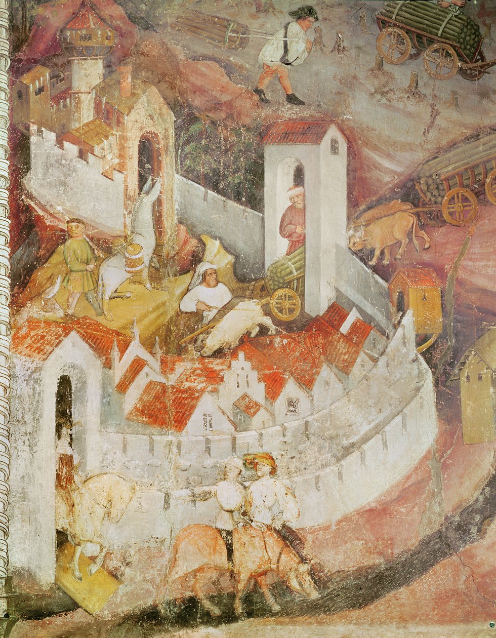 Desember måned, detalj om transport av trestammer, ca. 1400 av Bohemian School