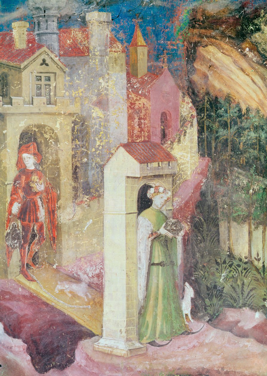 Juni måned, detalj om et par som går en tur, ca. 1400 av Bohemian School