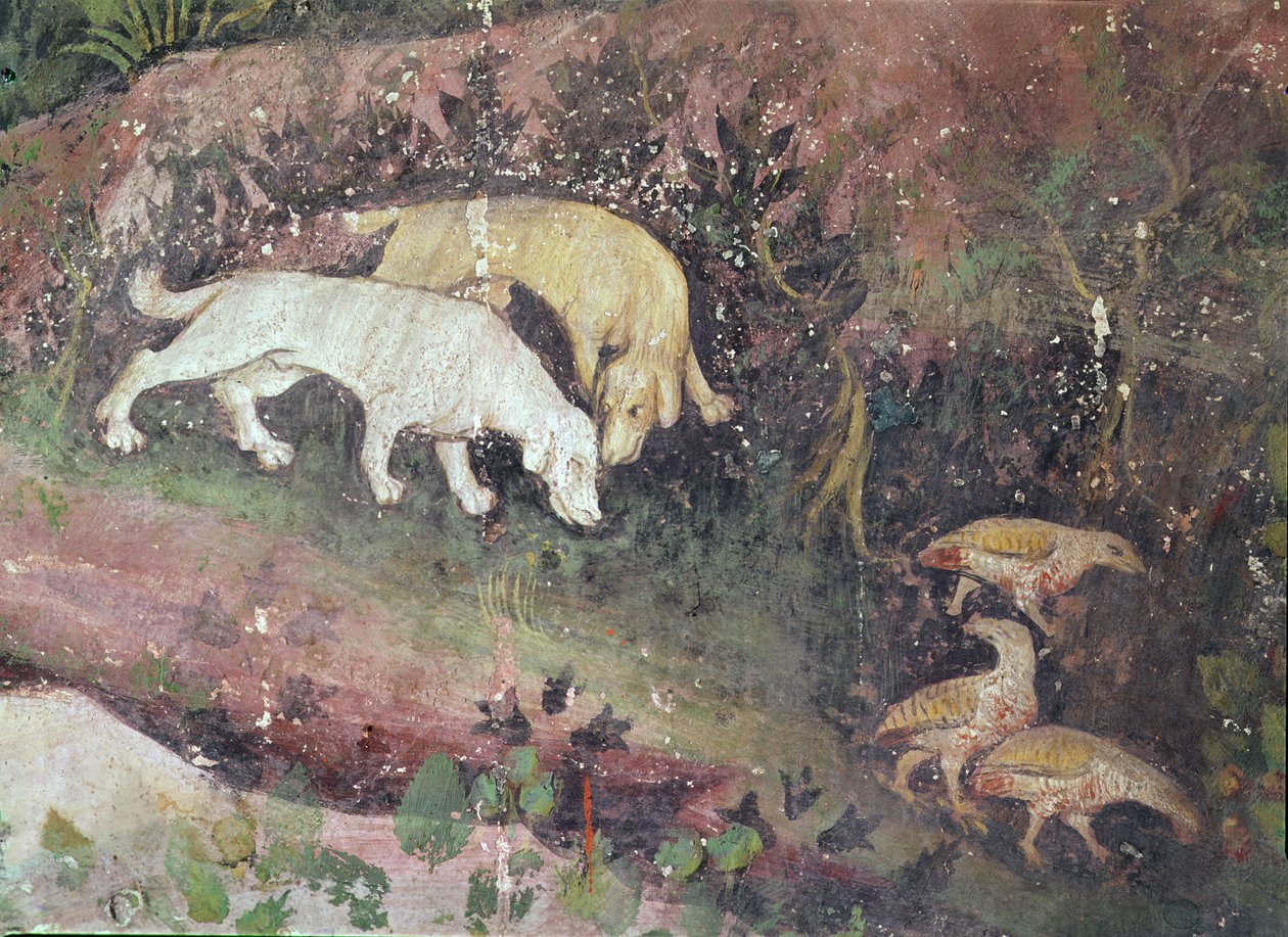 Juni måned, detalj om hunder og rapphøns, ca. 1400 av Bohemian School
