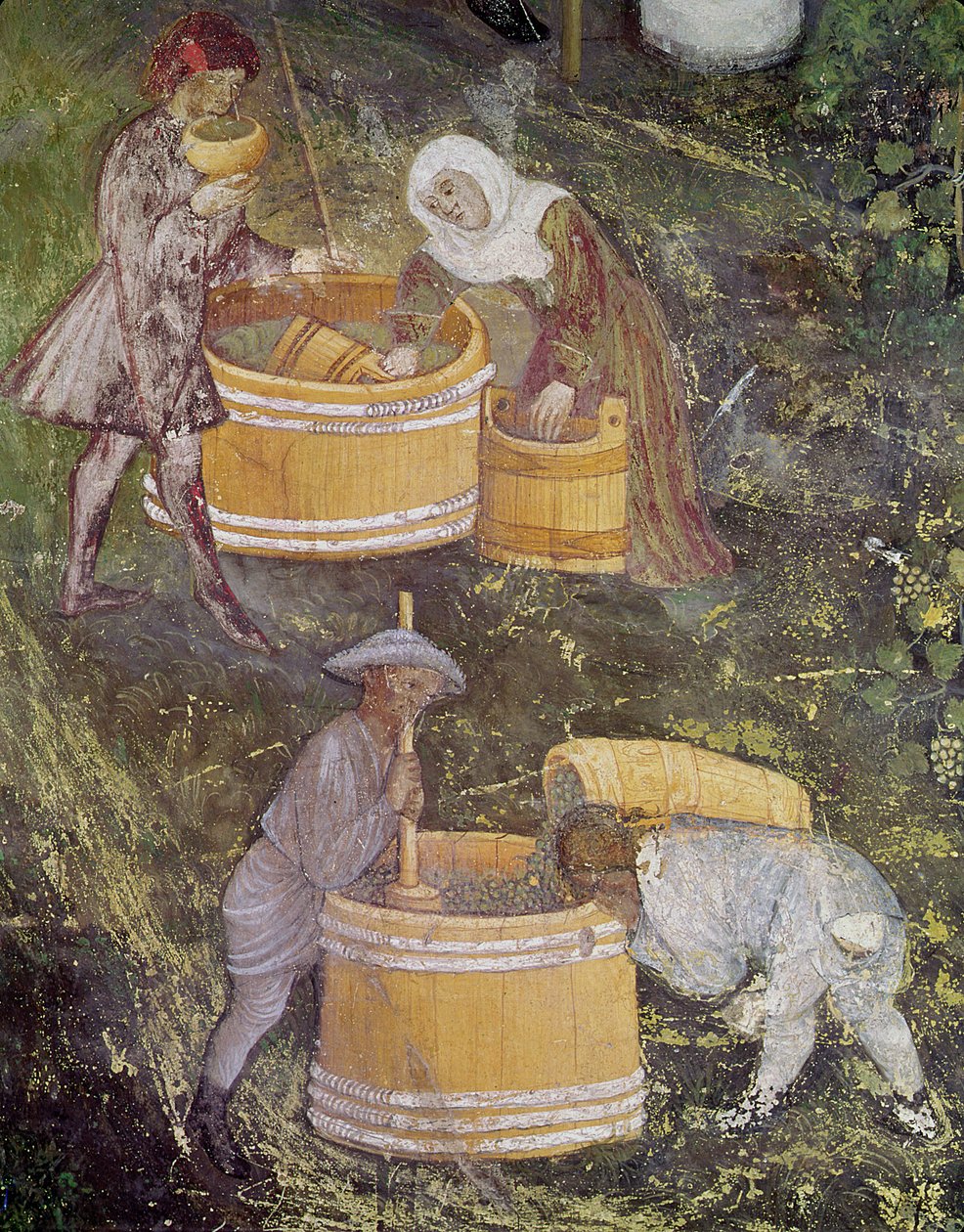 Oktober måned, detalj om drueplukkere og kar, ca. 1400 av Bohemian School