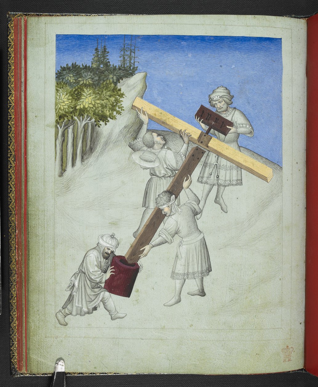 Legg til 24189, f.11v, The assembly of Christ's Cross, fra fire forskjellige tresorter, avbildet i forskjellige farger, fra 'Picture Book of Sir John Mandeville's Travels', ca.1410 (vellum) av Bohemian School