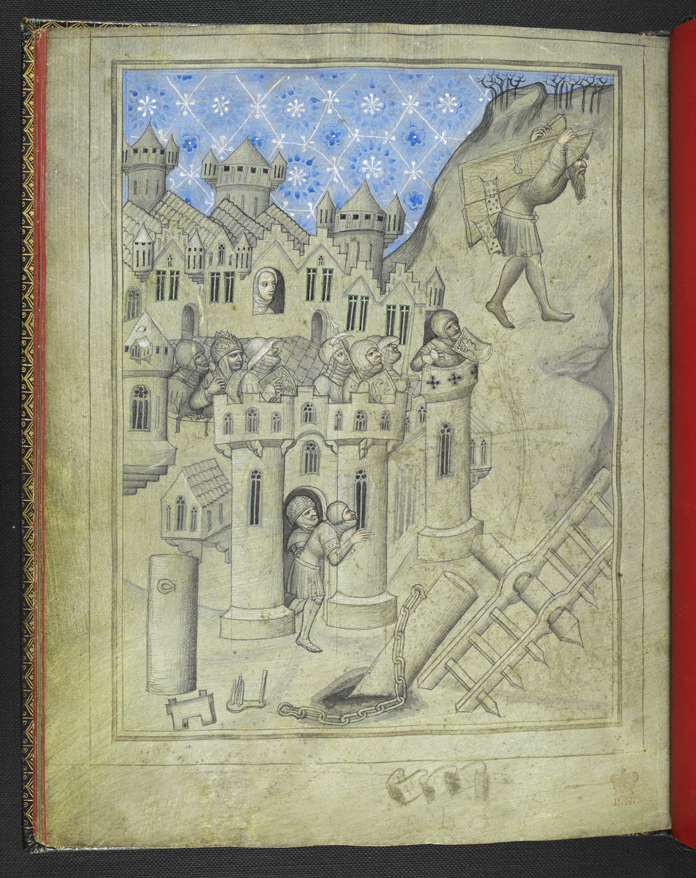 Legg til 24189. f.16v, Samson som bærer Gazas porter, overvåket fra bymurene av pansrede soldater og, ved et vindu, Delilah, fra 