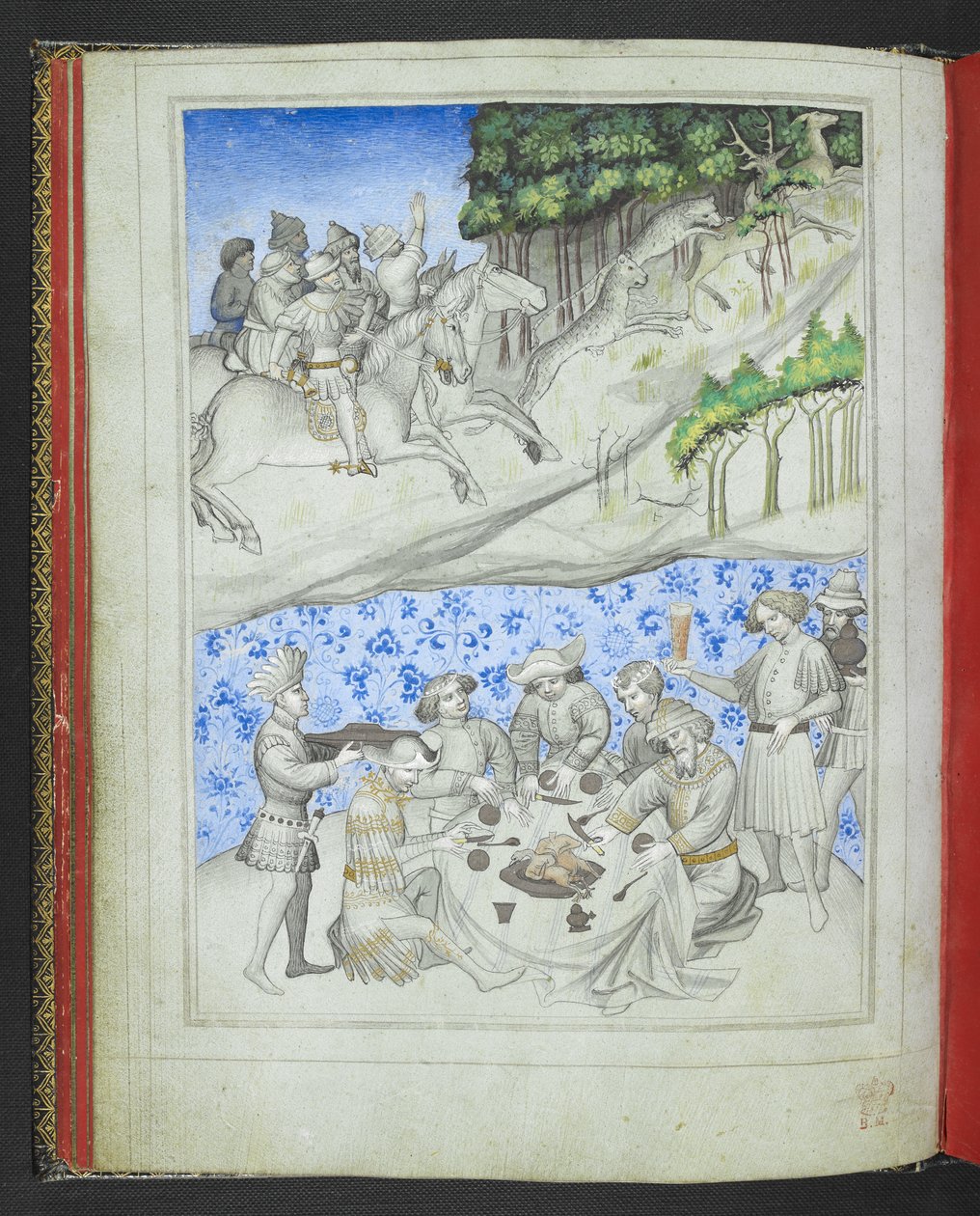 Legg til 24189, f.5v, Rekreasjon på Kypros med, over, en hjortejakt med leoparder og, under, en fest, fra 
