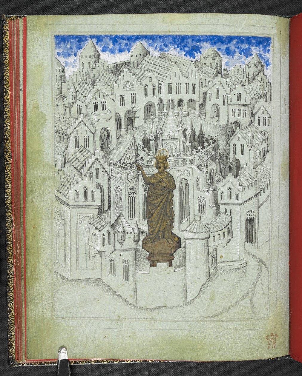 Legg til 24189, f.9v, Byen Konstantinopel, med en stor statue av keiser Justinian stående foran katedralen St. Sophia, fra 'Picture Book of Sir John Mandeville's Travels', ca.1410 (vellum) av Bohemian School