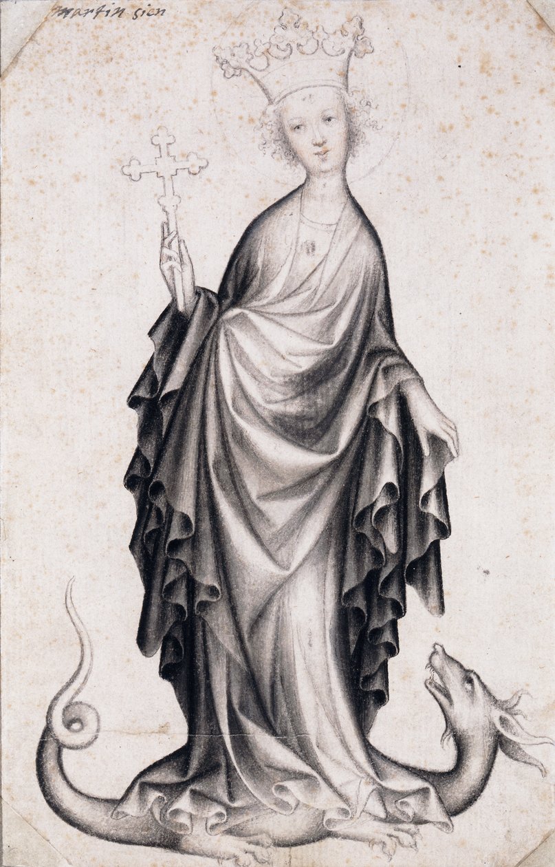 Saint Margaret of Antioch (død rundt 305) (Saint Margaret) (hun holder et krusifiks og tramper en drage) - Verk av en bohemsk mester (aktiv 1410-1420), blyant og pensel på papir (21,4x14 cm) , rundt 1410 - Szepmuveszeti Muzeum, Budapest (Ungarn) av Bohemian School