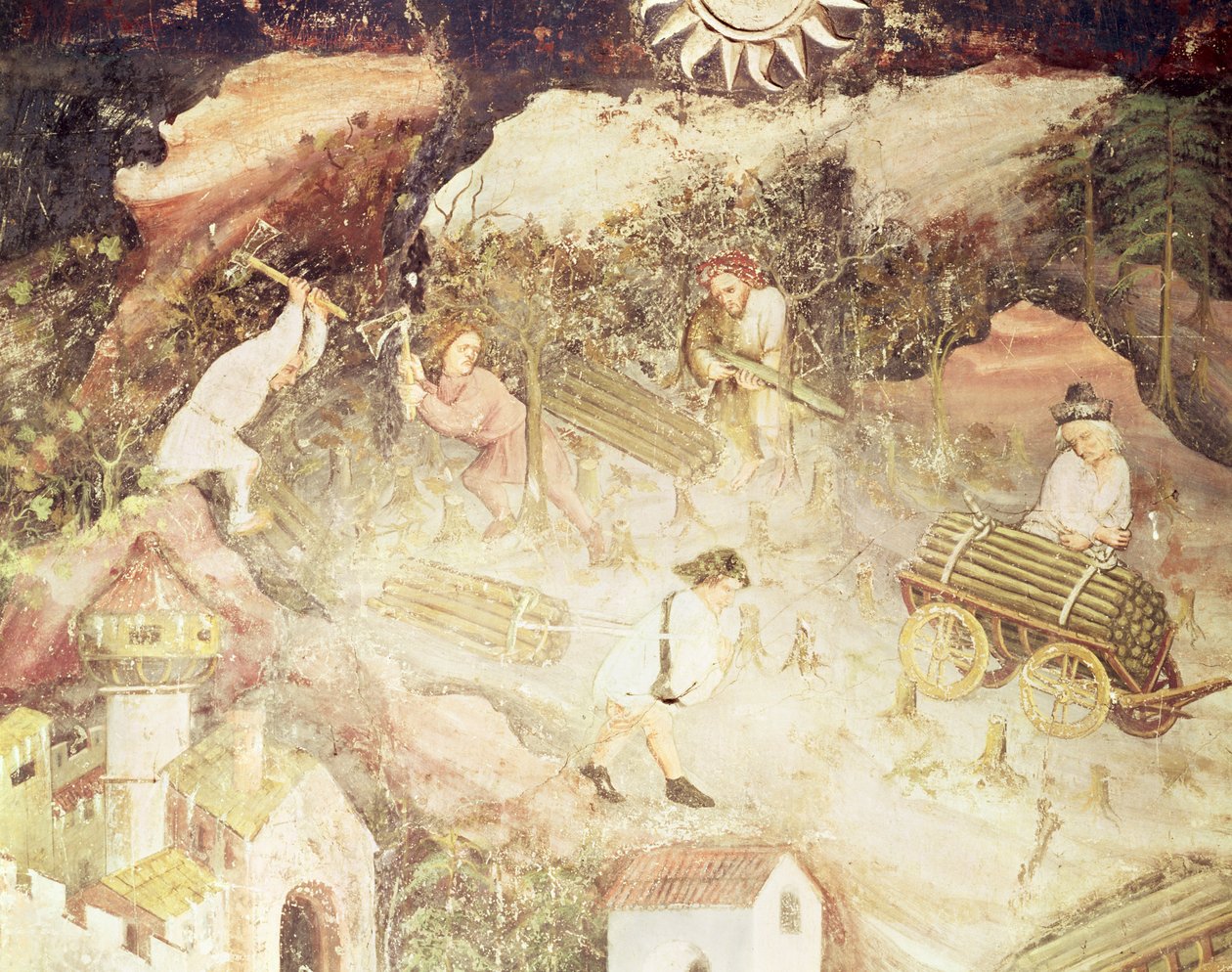 Desember måned, detalj av menn som hogger trær, ca. 1400 (fresco) av Bohemian School
