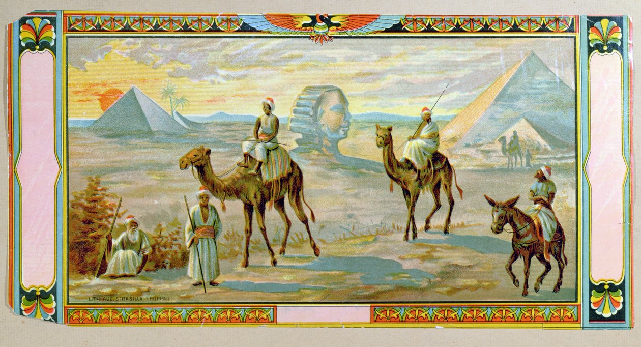 Sfinxen og pyramidene, etikett fra en fez-boks, ca. 1910 av Bohemian School