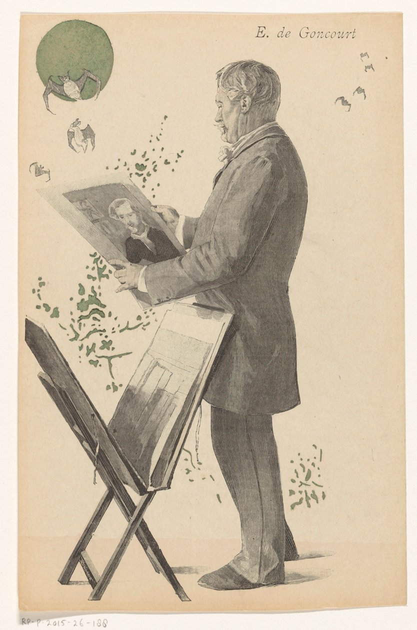 Edmond de Goncourt ser på et trykk, ved siden av ham en trykkstandard E. de Goncourt (tittel på objekt) av Boileau
