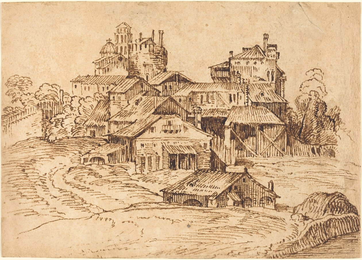 Utsikt over en italiensk by (etter Titian eller Domenico Campagnola) av Bolognese 17th Century