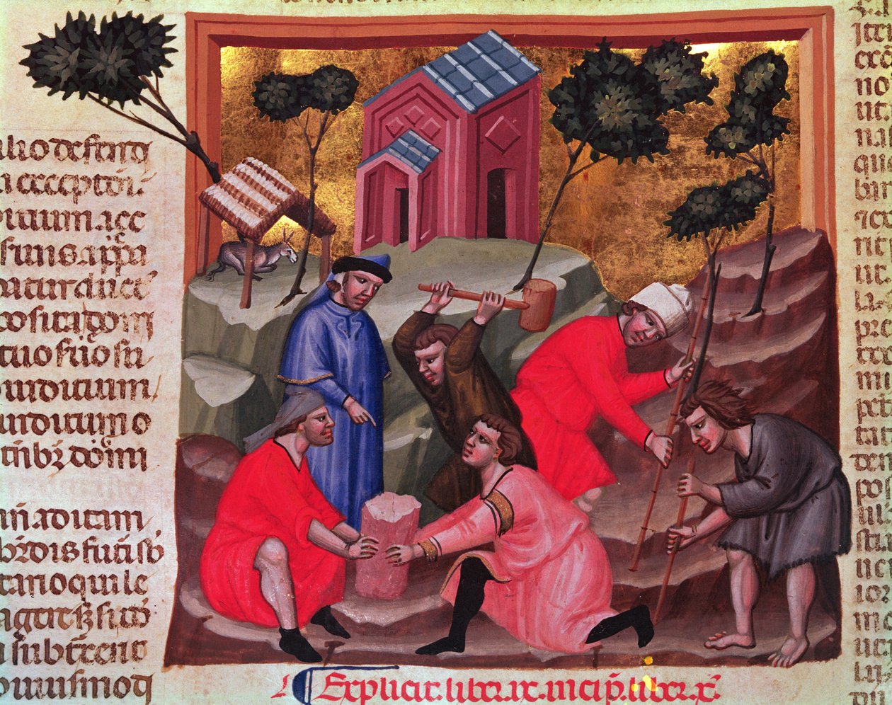 Marmorkuttere og steinbrytere, fra manuskriptet 'Justianian Institutiones Feodorum et Alia Codex', ca. 1300 (vellum) av Bolognese School