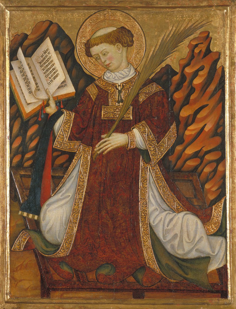 Saint Lawrence of Roma (rundt 210-258) (i kostymet til en diakon som leser Bibelen og holder martyrenes håndflate, kneler på grillen for torturen hans) - Maleri av Bonanat Zaortiga (aktivt 1400-tall), tempera på tre (80,2x62 cm), rundt 1430 - Saint Lawrenc av Bonanat Zaortiga