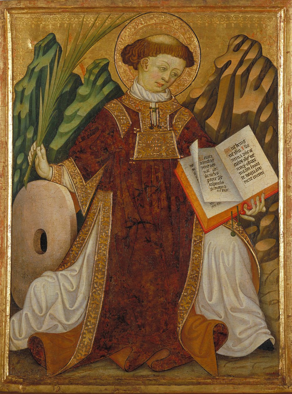 Saint Vincent av Zaragoza (4. århundre) (i drakten til en diakon som leser Bibelen og holder håndflaten til martyrene, nær kvernsteinen for hans tortur) - Maleri av Bonanat Zaortiga (aktivt 1400-tall), tempera på tre (80,2x61) , 5 cm), rundt 1430 - Saint V av Bonanat Zaortiga