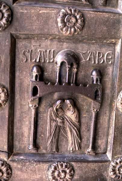Panel som viser besøket på Porta di S. Ranieri av Bonannus of Pisa