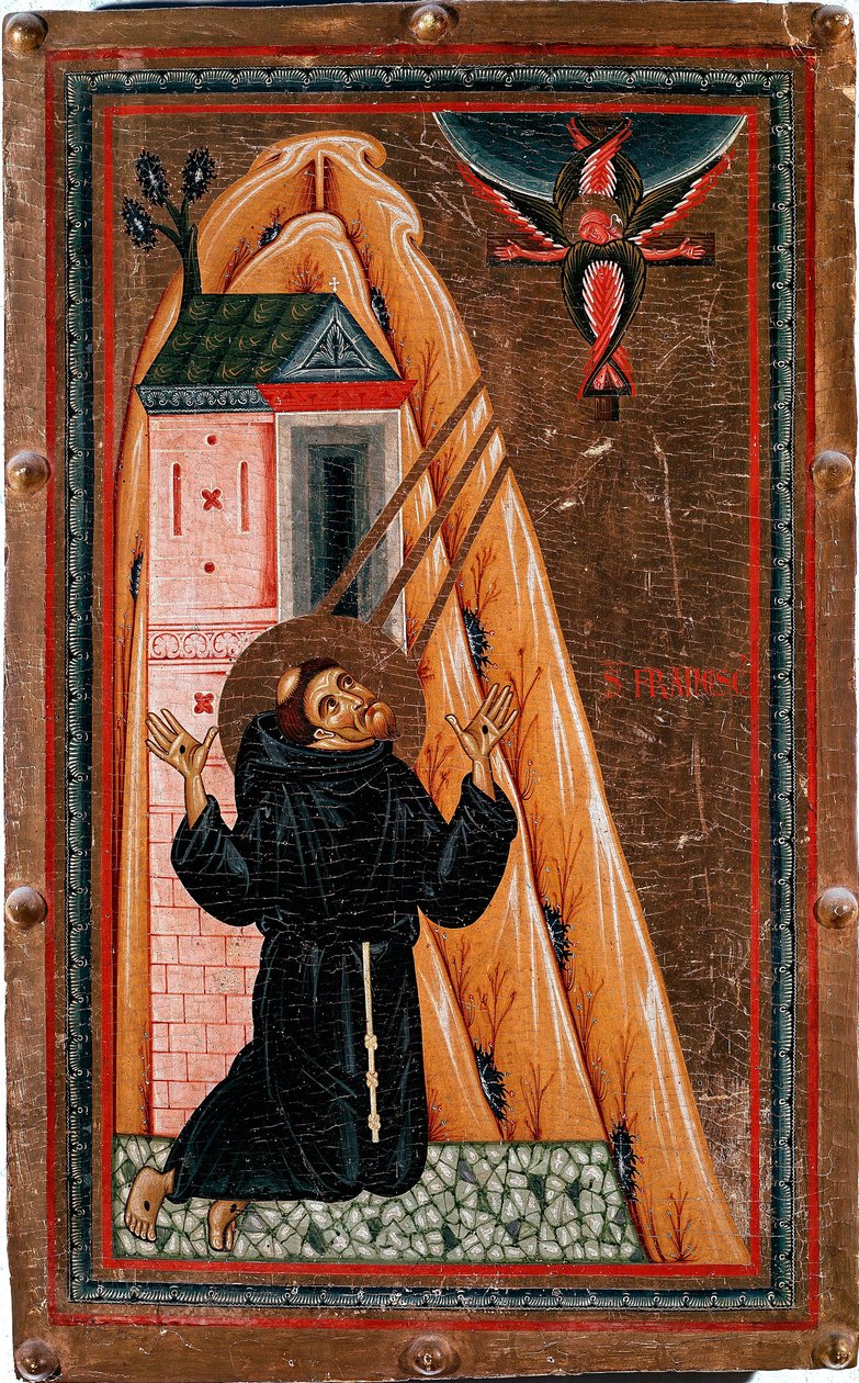 Livet til Saint Francois av Assisi "" Saint Francois mottar stigmas""" Jesus Kristus korsfester fremstår for ham som en serafin. Maleri på tre av Bonaventura Berlinghieri (aktiv rundt 1228-1274), Dim. 80x51 cm Galleria degli Uffizi (Kontorer) Firenze av Bonaventura Berlinghieri