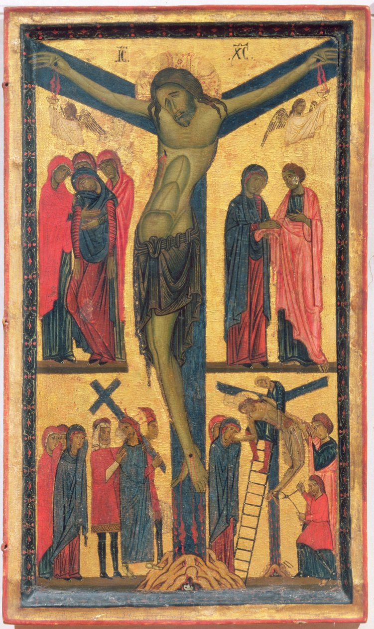 Korsfestelsen med hellige kvinner, sørgende, Kristus på veien til Golgata og avsetningen, høyre panel av en diptyk (tempera på panel) av Bonaventura Berlinghieri