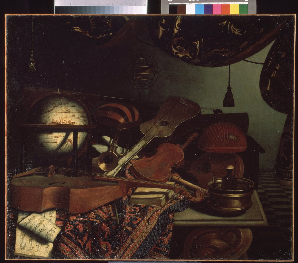 ""Still life with musical instruments"" (Still life with musical instruments) Globus, fløyte, partitur, fiol, gitar. Maleri av Bonaventura Bettera (1663-1718) 1715 Pushkin Museum, Moskva av Bonaventura Bettera