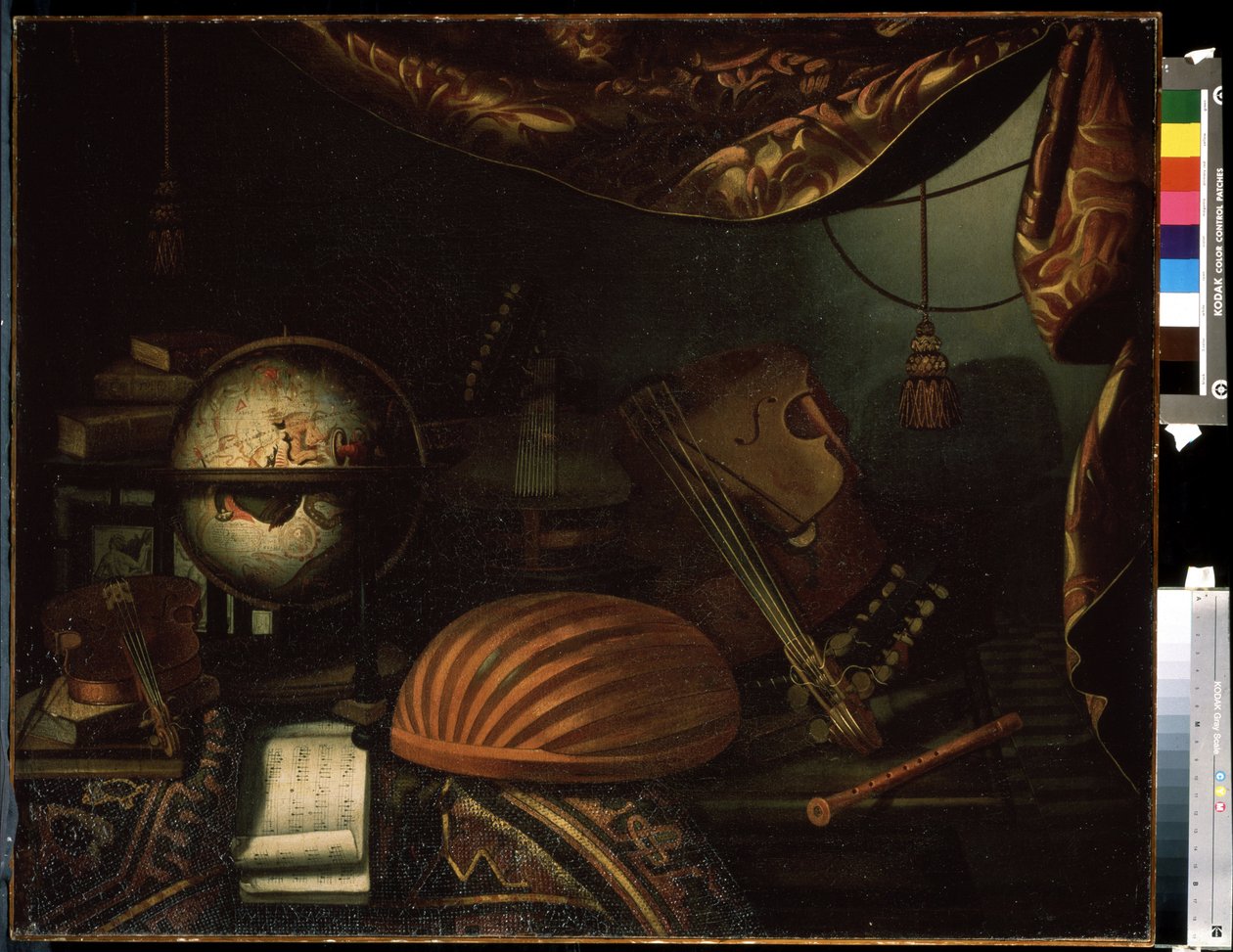 ""Still life with musical instruments"" (Still life with musical instruments) Globus, fløyte, partitur, fiol, gitar. Maleri av Bonaventura Bettera (1663-1718) 1715 Pushkin Museum, Moskva av Bonaventura Bettera