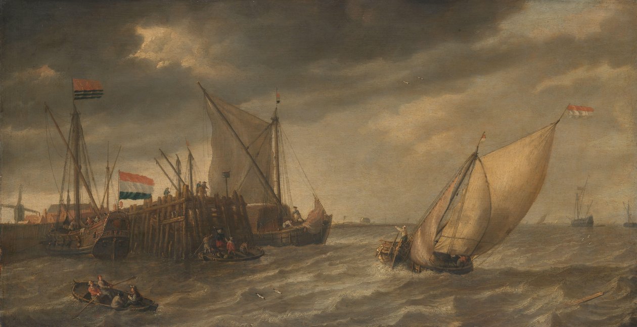 Reisende går i land ved en brygge på Schelde i sterk vind av Bonaventura Peeters (I)